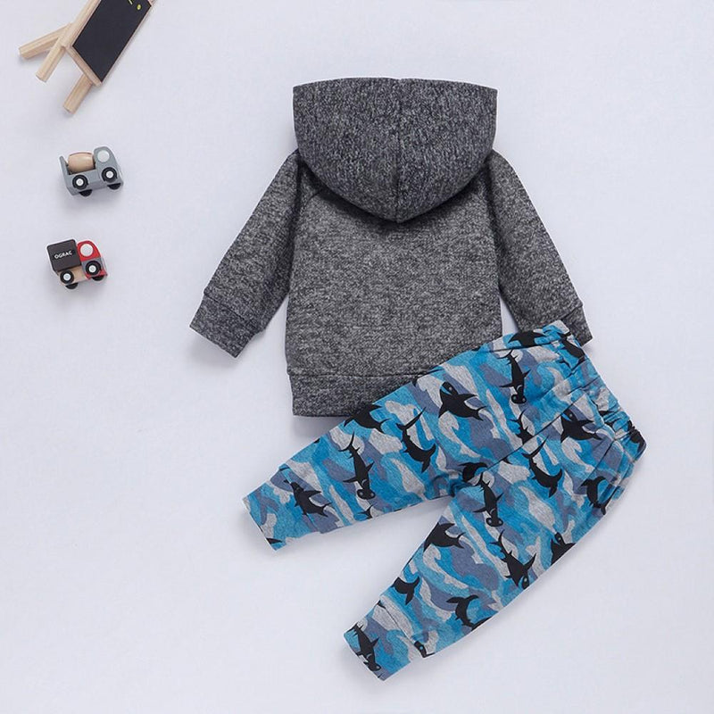 Baby Boys Shark Printed Hooded Top & Pants Kids Fashion Wholesale - PrettyKid