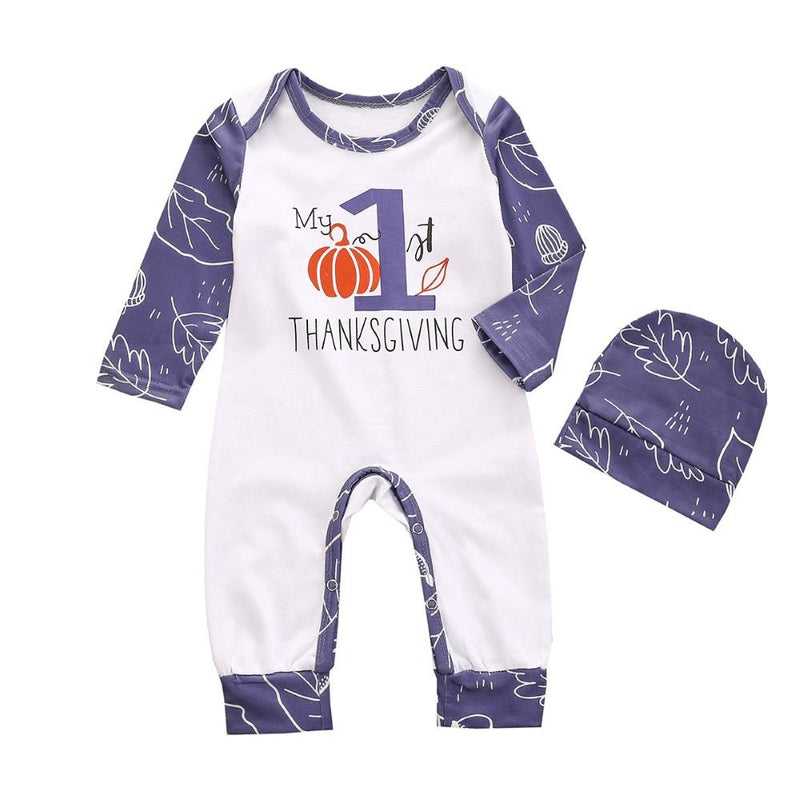Baby Boys Thanksgiving Letter Printed Romper & Hat Baby Wholesales - PrettyKid