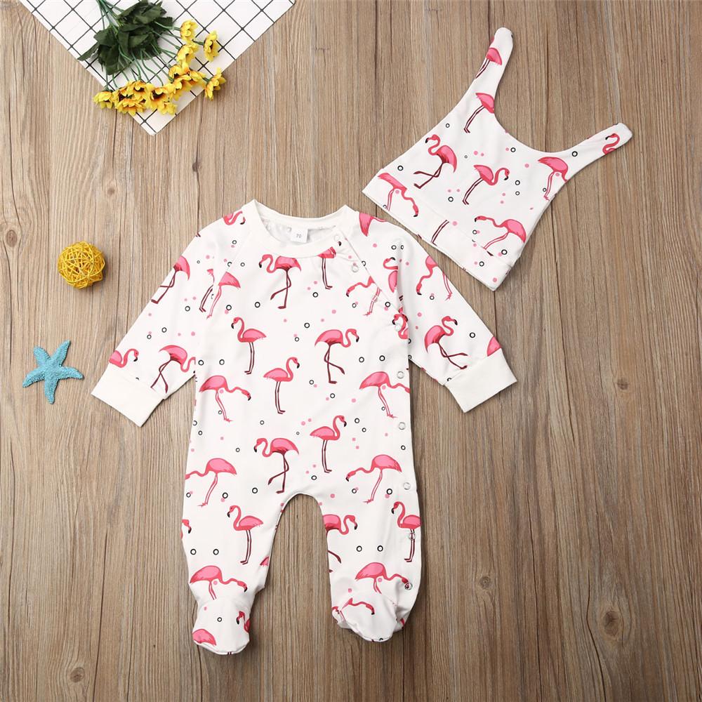 Baby Girl Cute Long Sleeve Printed Flamingo Romper&Hat Baby Clothes Cheap Wholesale - PrettyKid