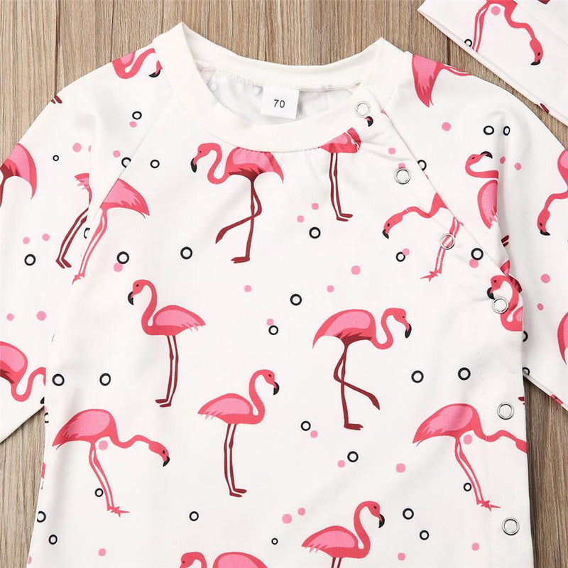 Baby Girl Cute Long Sleeve Printed Flamingo Romper&Hat Baby Clothes Cheap Wholesale - PrettyKid