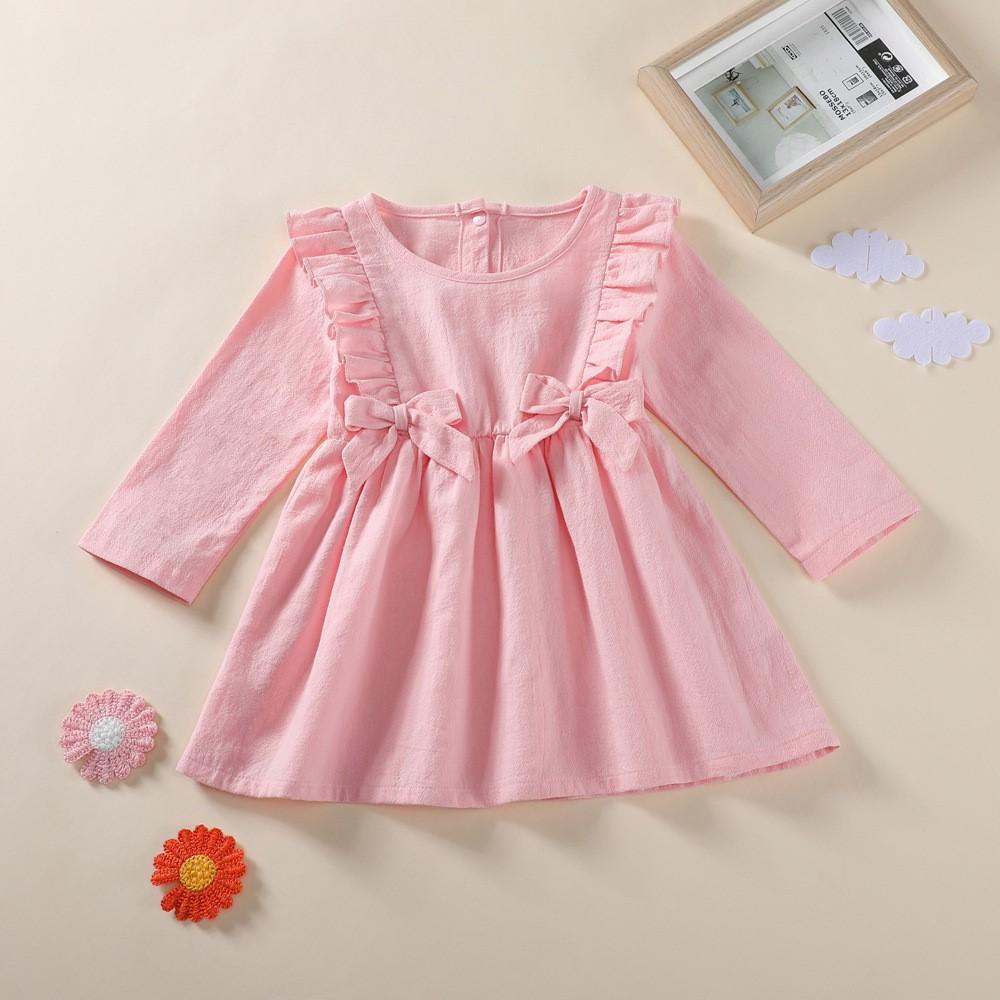 Baby Girls Bow Decor Solid Collor Dress Buy Wholesale Kids Clothing - PrettyKid