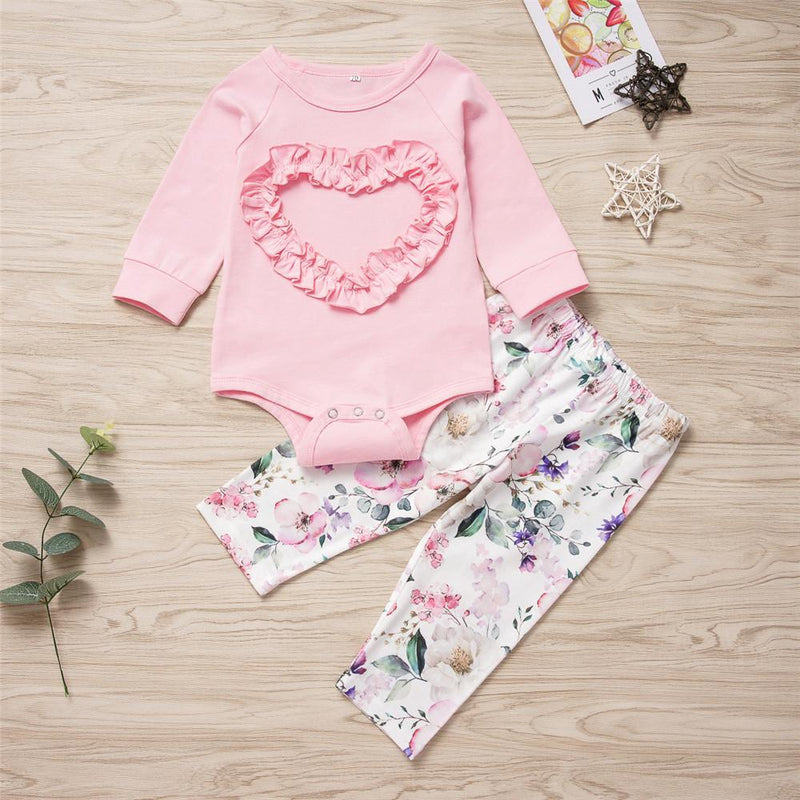 Baby Girls Cute Pink Heart Tops&Floral Pants Baby Accessories Wholesale - PrettyKid