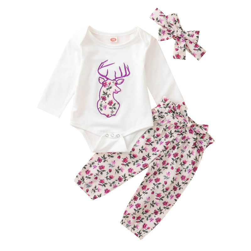 Baby Girls Deer Flower Printed Romper & Pants & Headband Baby Wholesale - PrettyKid