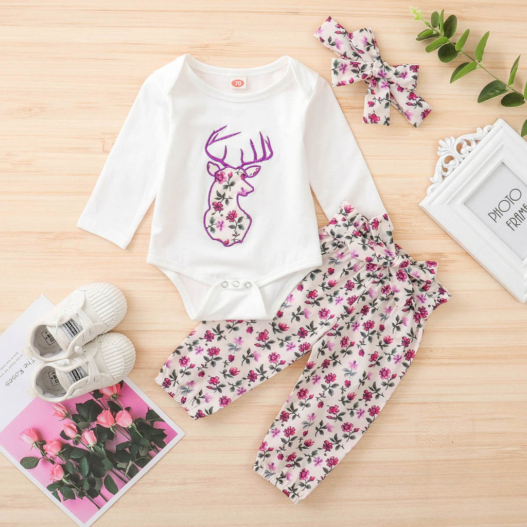 Baby Girls Deer Flower Printed Romper & Pants & Headband Baby Wholesale - PrettyKid
