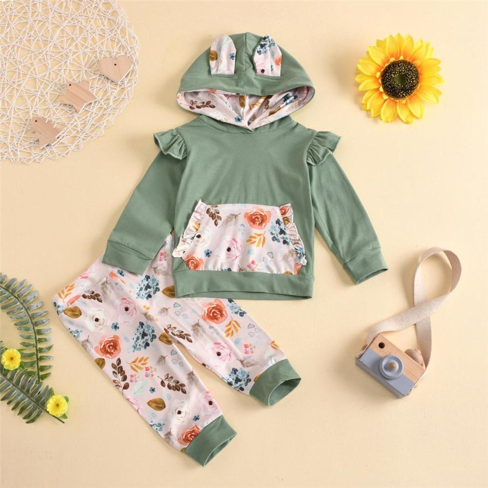 Baby Girls Floral Hooded Tops&Pants Baby Boutique Clothes Wholesale - PrettyKid