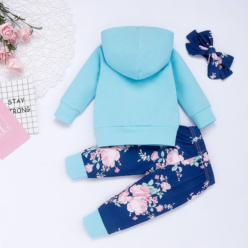 Baby Girls Floral Printed Hooded Top & Pants & Headband Wholesale Clothing Baby - PrettyKid