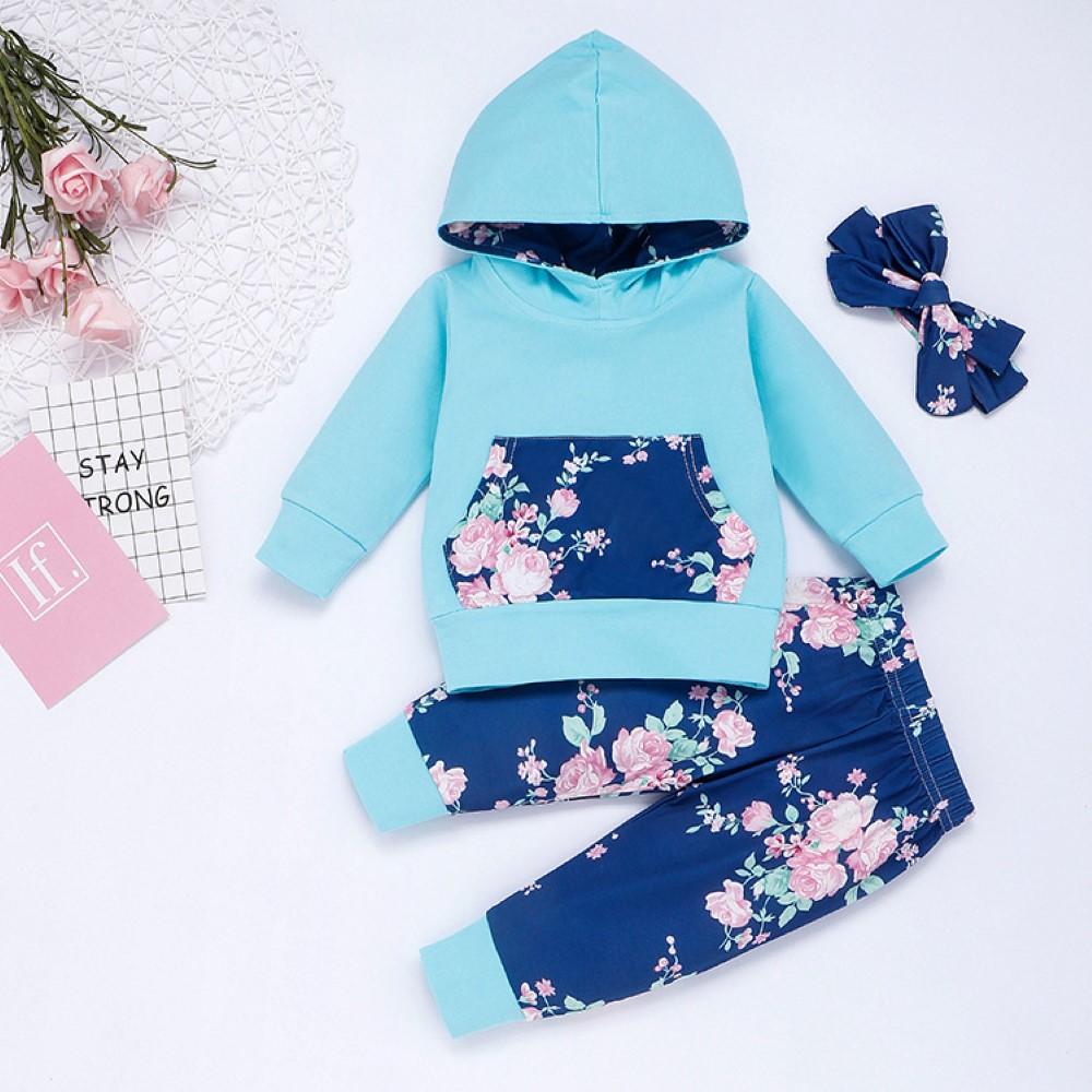 Baby Girls Floral Printed Hooded Top & Pants & Headband Wholesale Clothing Baby - PrettyKid