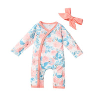 Baby Girls Floral Printed Long Sleeve Romper Headband Wholesale Baby Clothes Usa - PrettyKid