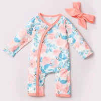 Baby Girls Floral Printed Long Sleeve Romper Headband Wholesale Baby Clothes Usa - PrettyKid