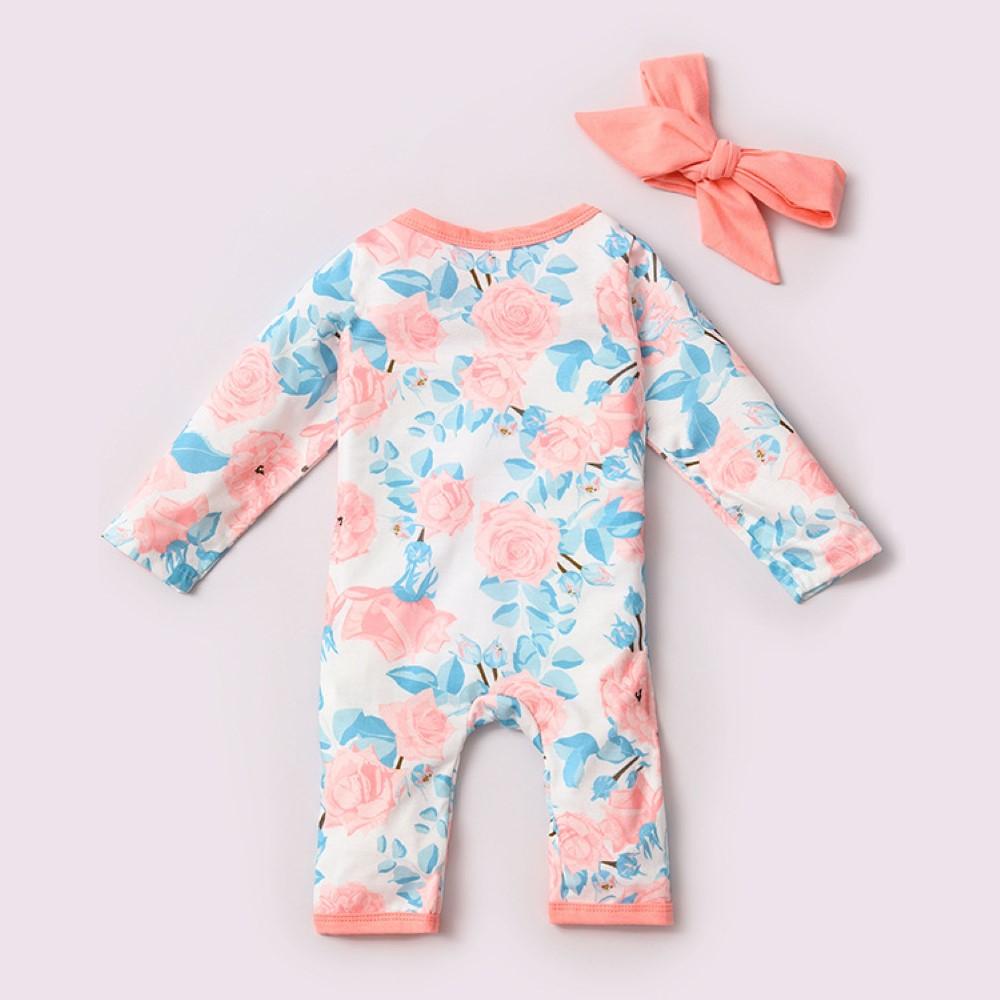 Baby Girls Floral Printed Long Sleeve Romper Headband Wholesale Baby Clothes Usa - PrettyKid