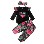Baby Girls Flower Love Printed Romper & Pants & Headband Baby Clothes Warehouse - PrettyKid