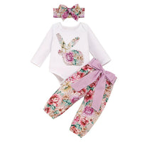 Baby Girls Flower Rabbit Printed Romper & Pants & Headband Buy Wholesale Kids Clothes - PrettyKid