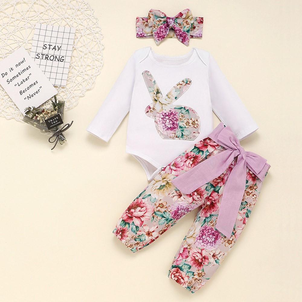 Baby Girls Flower Rabbit Printed Romper & Pants & Headband Buy Wholesale Kids Clothes - PrettyKid
