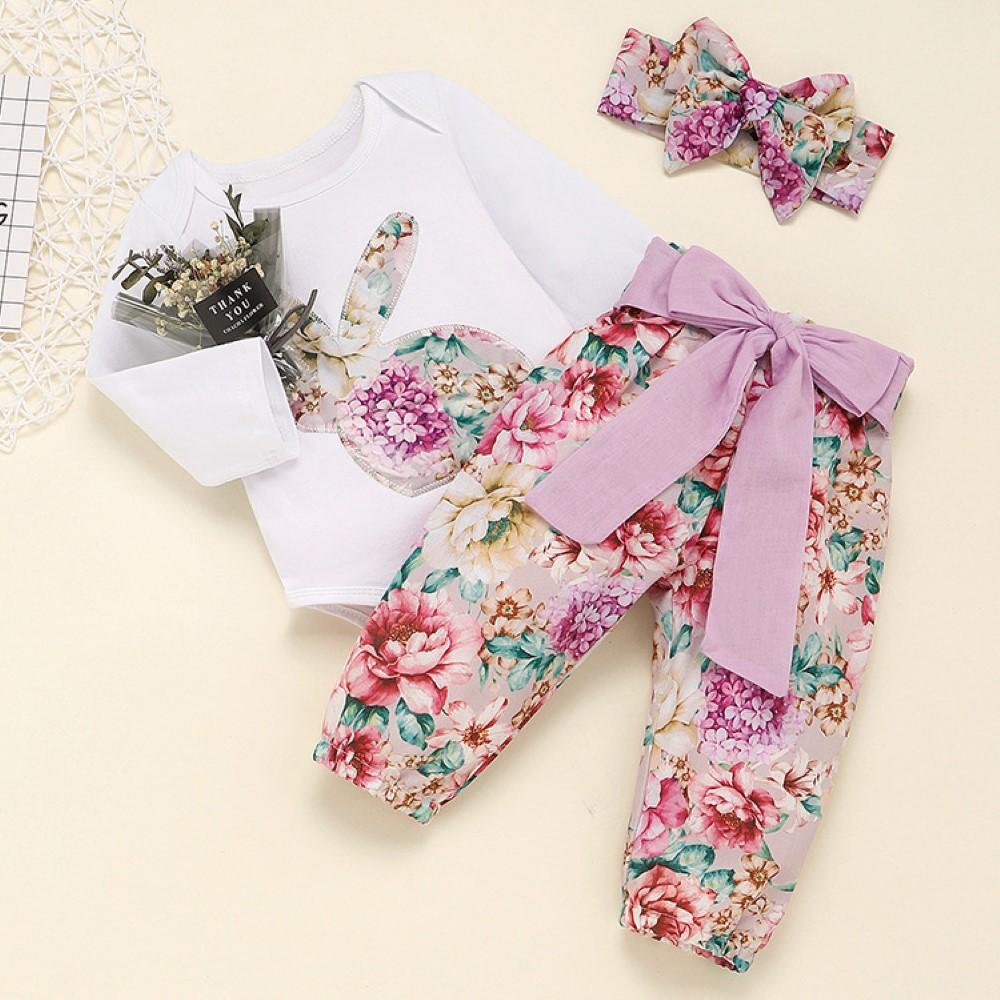 Baby Girls Flower Rabbit Printed Romper & Pants & Headband Buy Wholesale Kids Clothes - PrettyKid