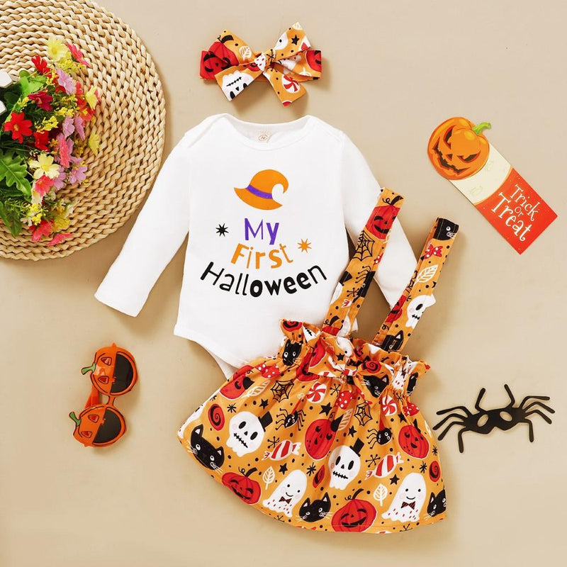 Baby Girls Halloween Letter Printed Top & Dress & Headband Baby Girl Wholesale - PrettyKid