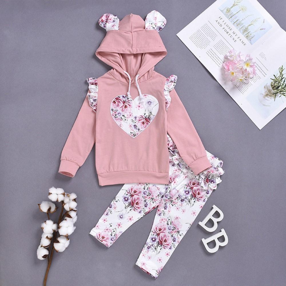 Baby Girls Heart Printed Hooded Top & Pants Cheap Boutique Baby Clothes - PrettyKid