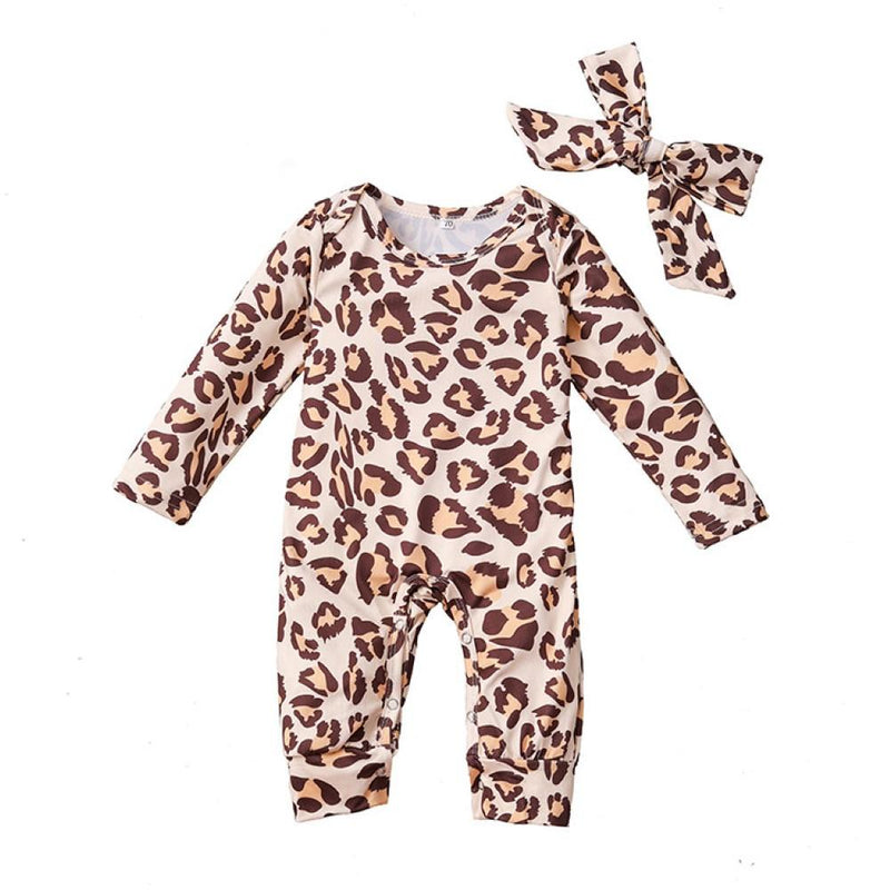 Baby Girls Leopard Printed Romper & Headband Baby Wholesale Clothes - PrettyKid