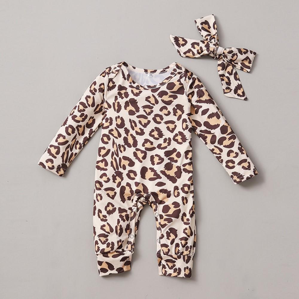 Baby Girls Leopard Printed Romper & Headband Baby Wholesale Clothes - PrettyKid