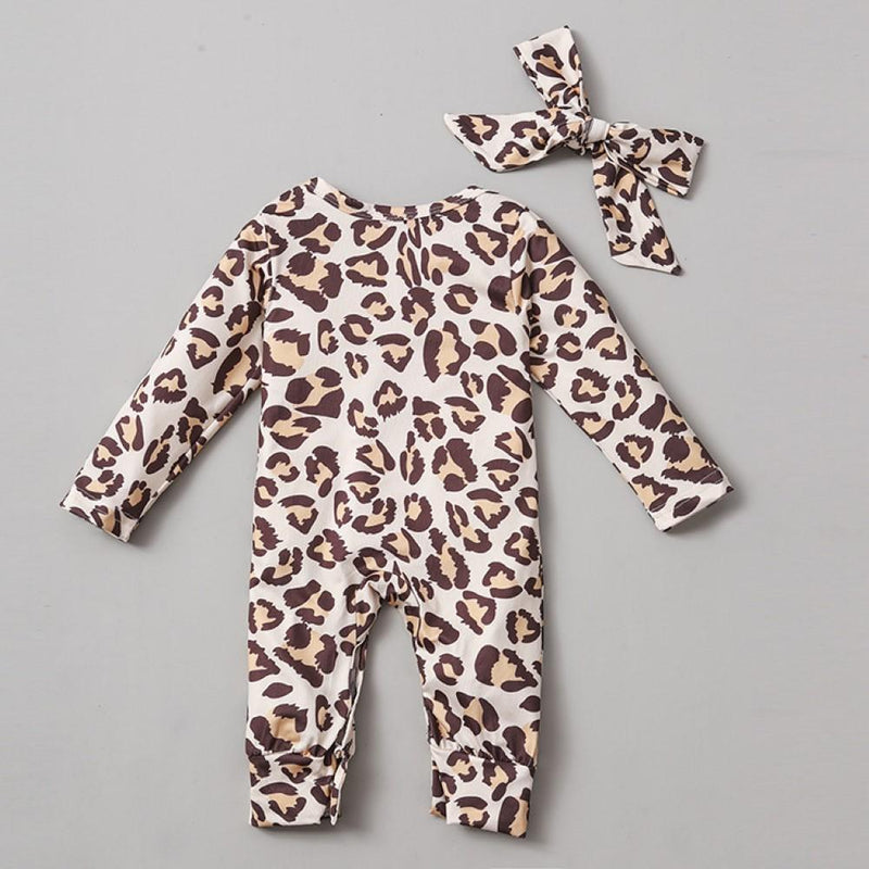 Baby Girls Leopard Printed Romper & Headband Baby Wholesale Clothes - PrettyKid