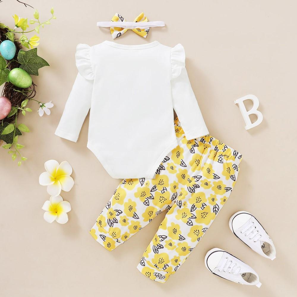 Baby Girls Letter Printed Romper & Pants & Headband Baby Wholesale Clothing - PrettyKid
