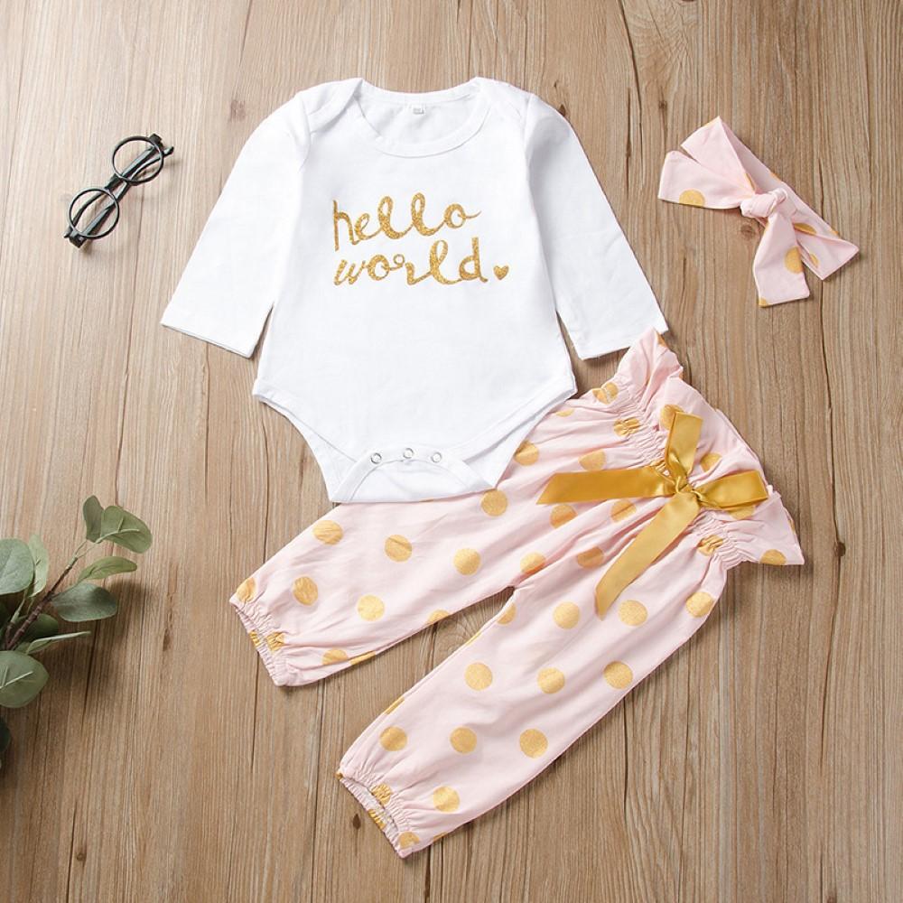 Baby Girls Letter Printed Romper & Pants & Headhand Wholesale Clothing Baby - PrettyKid