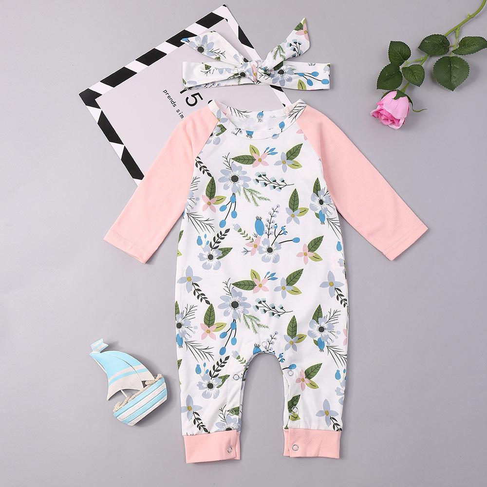Baby Girls Long Sleeve Floral Romper Headband Baby Boutique Clothing Wholesale - PrettyKid