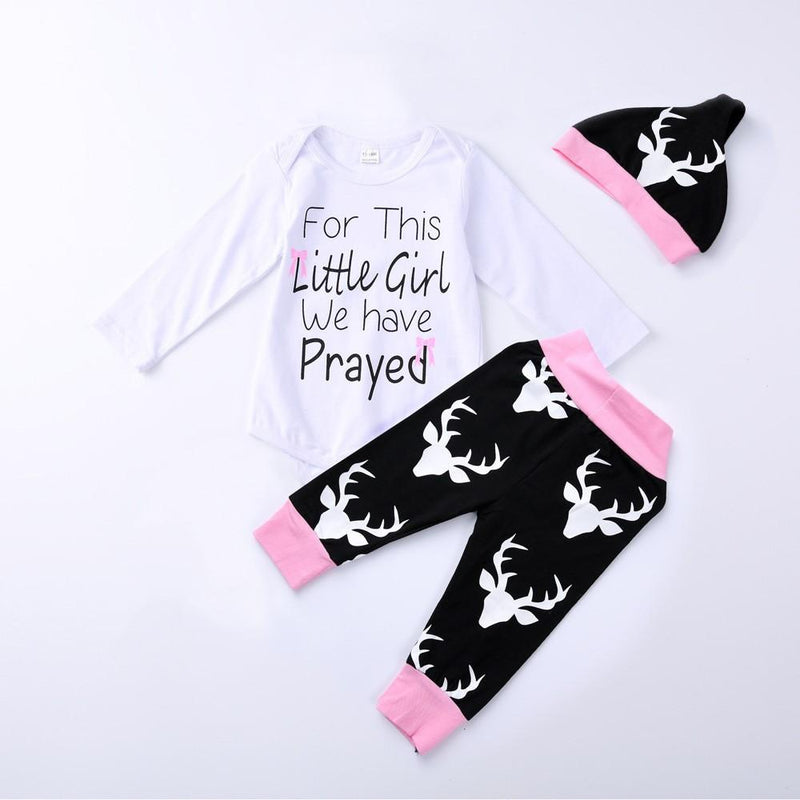 Baby Girls Long Sleeve Letter Print Romper & Pants & Hat Kids Clothing Suppliers - PrettyKid