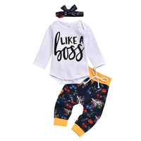 Baby Girls Letter Printed Romper & Pants & Headhand Buy Wholesale Kids Clothing - PrettyKid