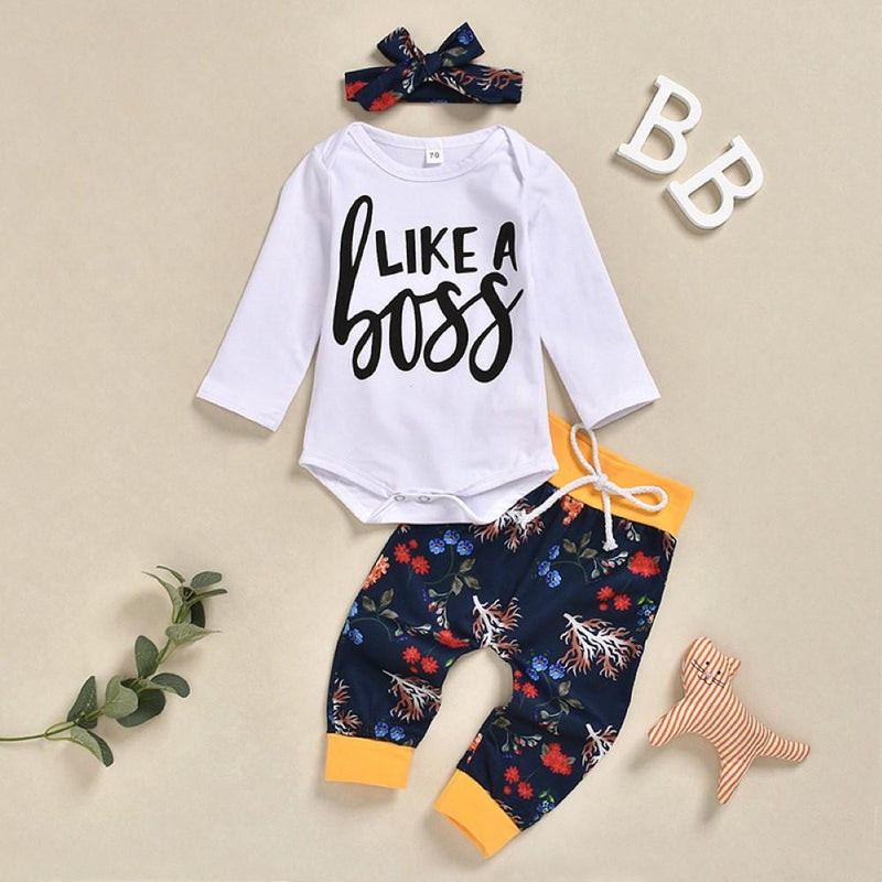 Baby Girls Letter Printed Romper & Pants & Headhand Buy Wholesale Kids Clothing - PrettyKid