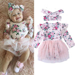 Baby Girls Long Sleeve Mesh Floral Romper&Headband Baby Clothing Cheap Wholesale - PrettyKid