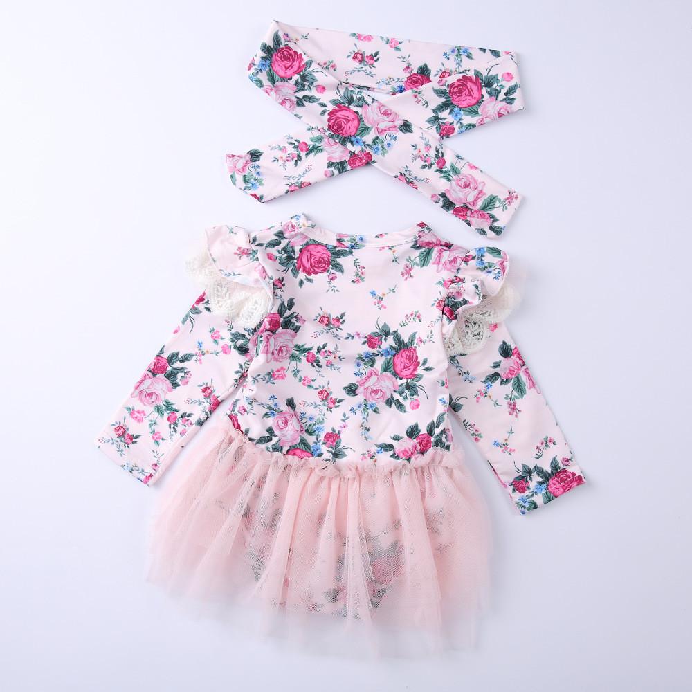 Baby Girls Long Sleeve Mesh Floral Romper&Headband Baby Clothing Cheap Wholesale - PrettyKid