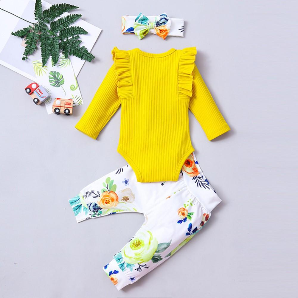 Baby Girls Long Sleeve Romper & Floral Pants & Headband Baby Wholesale - PrettyKid