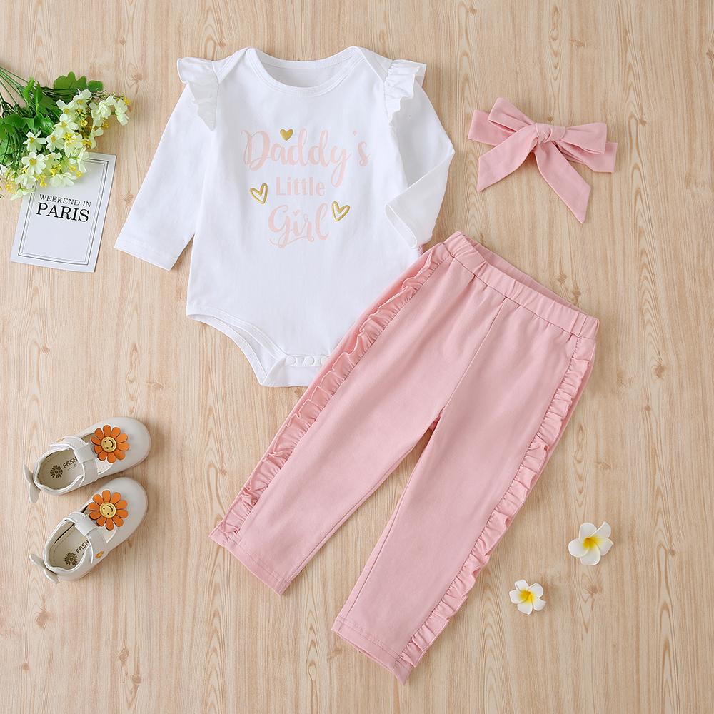 Baby Girls Printed Letter Romper&Solid Pants&Headband Wholesale Clothing Baby - PrettyKid