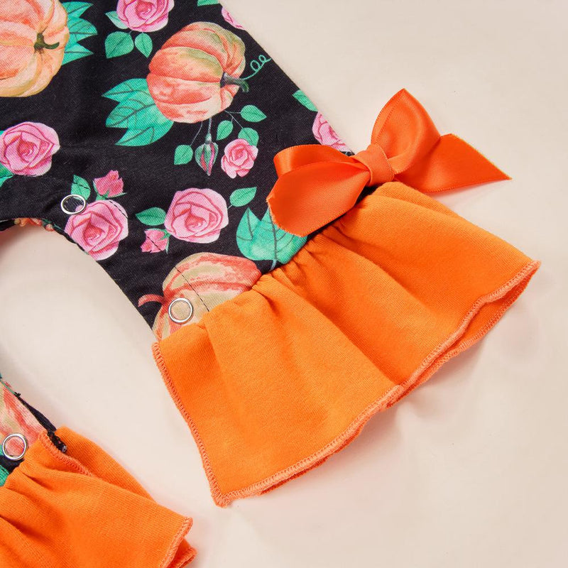 Baby Girls Printed Pumpkin Romper&Headband Wholesale Baby Clothes Usa - PrettyKid