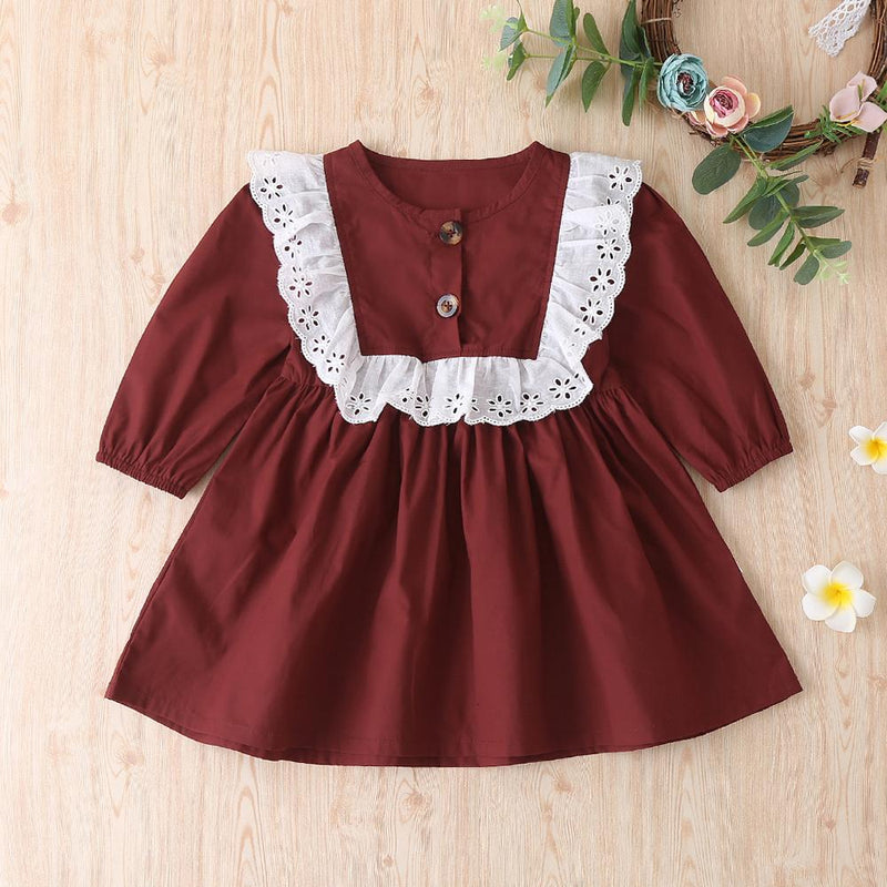Baby Girls Round Neck Long Sleeve Solid Dress Wholesale Girls Clothing - PrettyKid