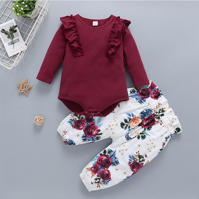 Baby Girls Round Neck Solid Tops&Floral Pants Baby Clothing Wholesale Distributors - PrettyKid