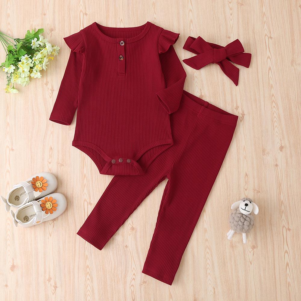 Baby Girls Solid Long Sleeve Rompers&Pants&Headwear Baby Wholesales - PrettyKid