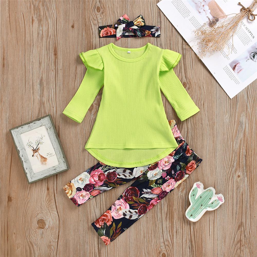 Baby Girls Solid Long Sleeve Tops&Floral Pants&Headband Girls Boutique Wholesale - PrettyKid