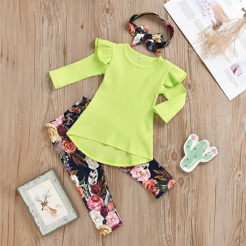Baby Girls Solid Long Sleeve Tops&Floral Pants&Headband Girls Boutique Wholesale - PrettyKid