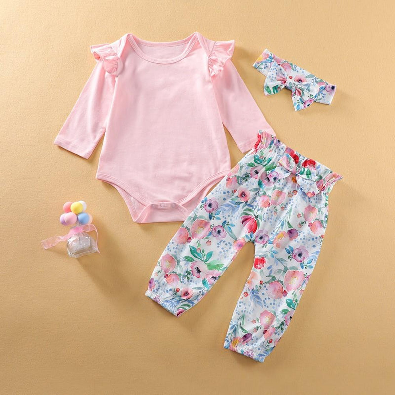 Baby Girls Solid Romper & Pants & Headband Wholesale Little Girl Clothing - PrettyKid