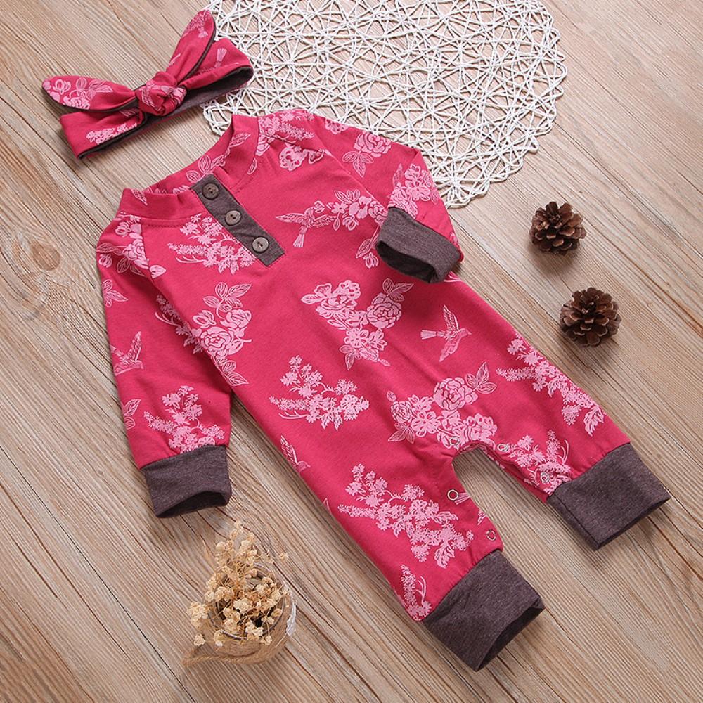 Babys Girls Flower Printed Romper & Headband Baby Wholesales - PrettyKid