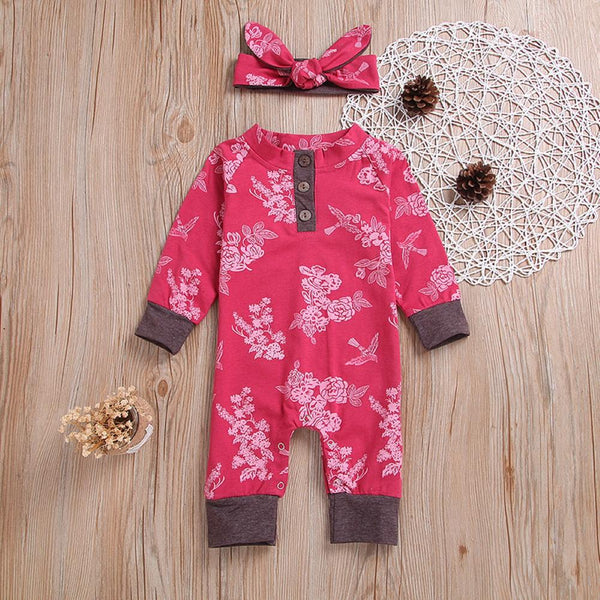 Babys Girls Flower Printed Romper & Headband Baby Wholesales - PrettyKid