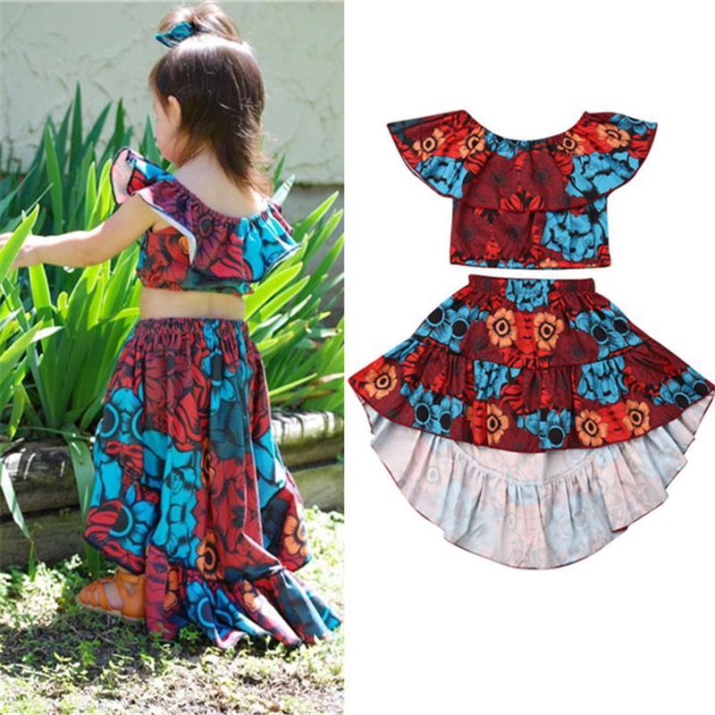 Toddler Girl's Ruffle One Word Collar Flower Swallow Tail Skirt - PrettyKid