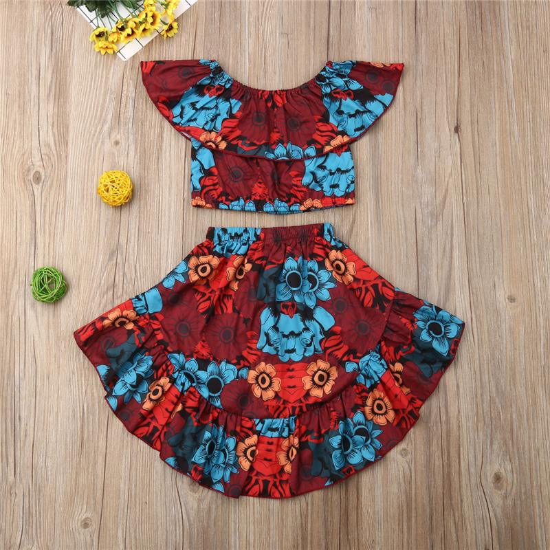 Toddler Girl's Ruffle One Word Collar Flower Swallow Tail Skirt - PrettyKid