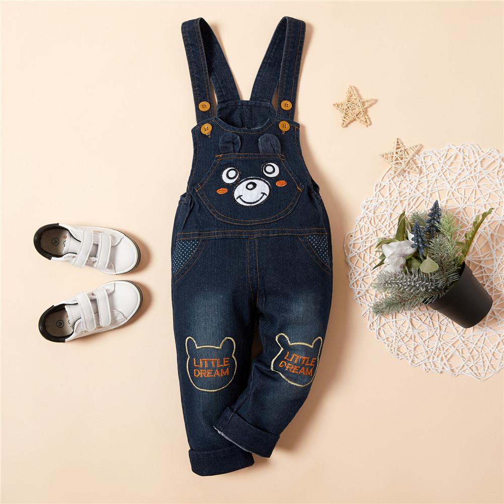 Baby Bear Cartoon Embellished Denim Overalls - PrettyKid