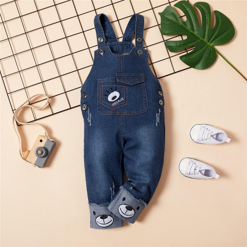 Baby Bear Embroidered Denim Pocket Overalls - PrettyKid