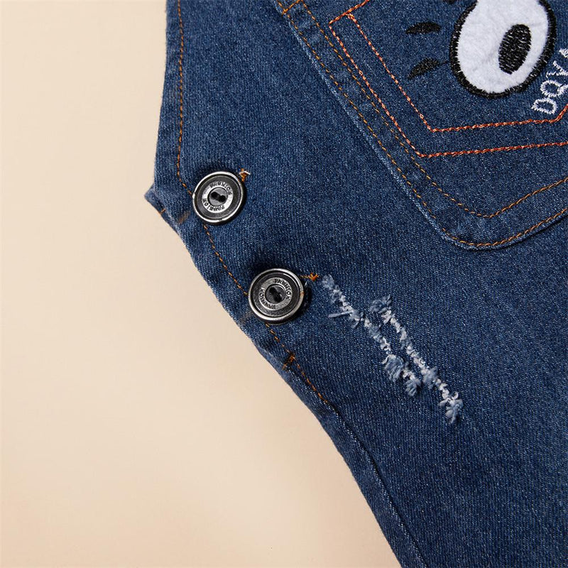 Baby Bear Embroidered Denim Pocket Overalls - PrettyKid