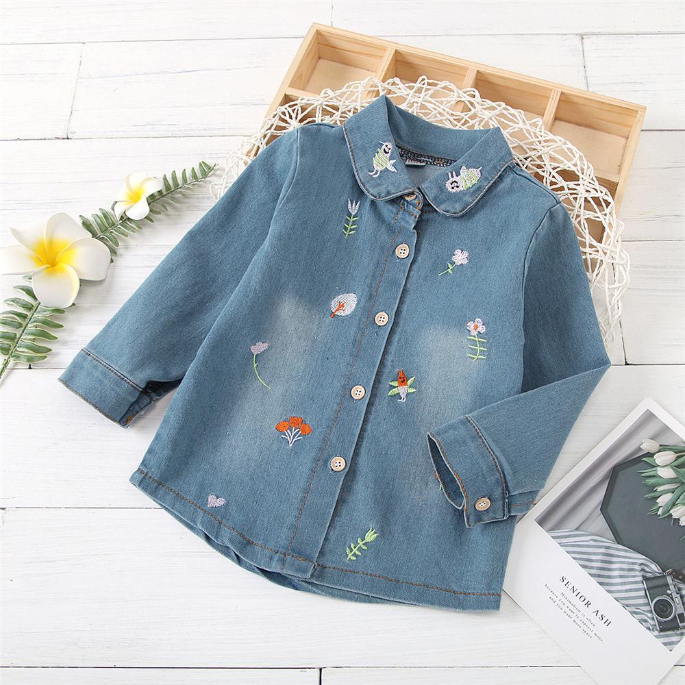 Girls Bee Floral Embroidery Lapel Long Sleeve Denim Blouse Kids Wholesale Clothing - PrettyKid