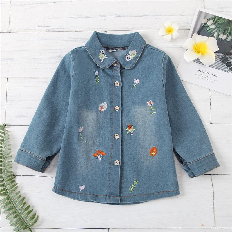 Girls Bee Floral Embroidery Lapel Long Sleeve Denim Blouse Kids Wholesale Clothing - PrettyKid