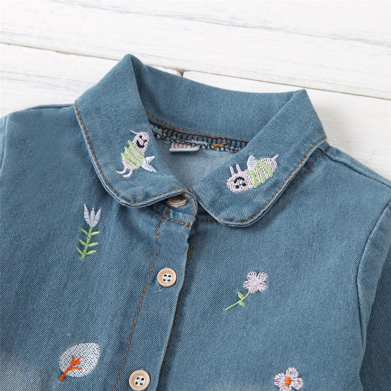 Girls Bee Floral Embroidery Lapel Long Sleeve Denim Blouse Kids Wholesale Clothing - PrettyKid